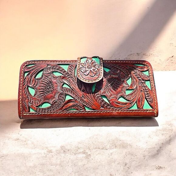 No Brand Handbags - Hand Tooled Leather Western Wallet Brown/Teal Leather